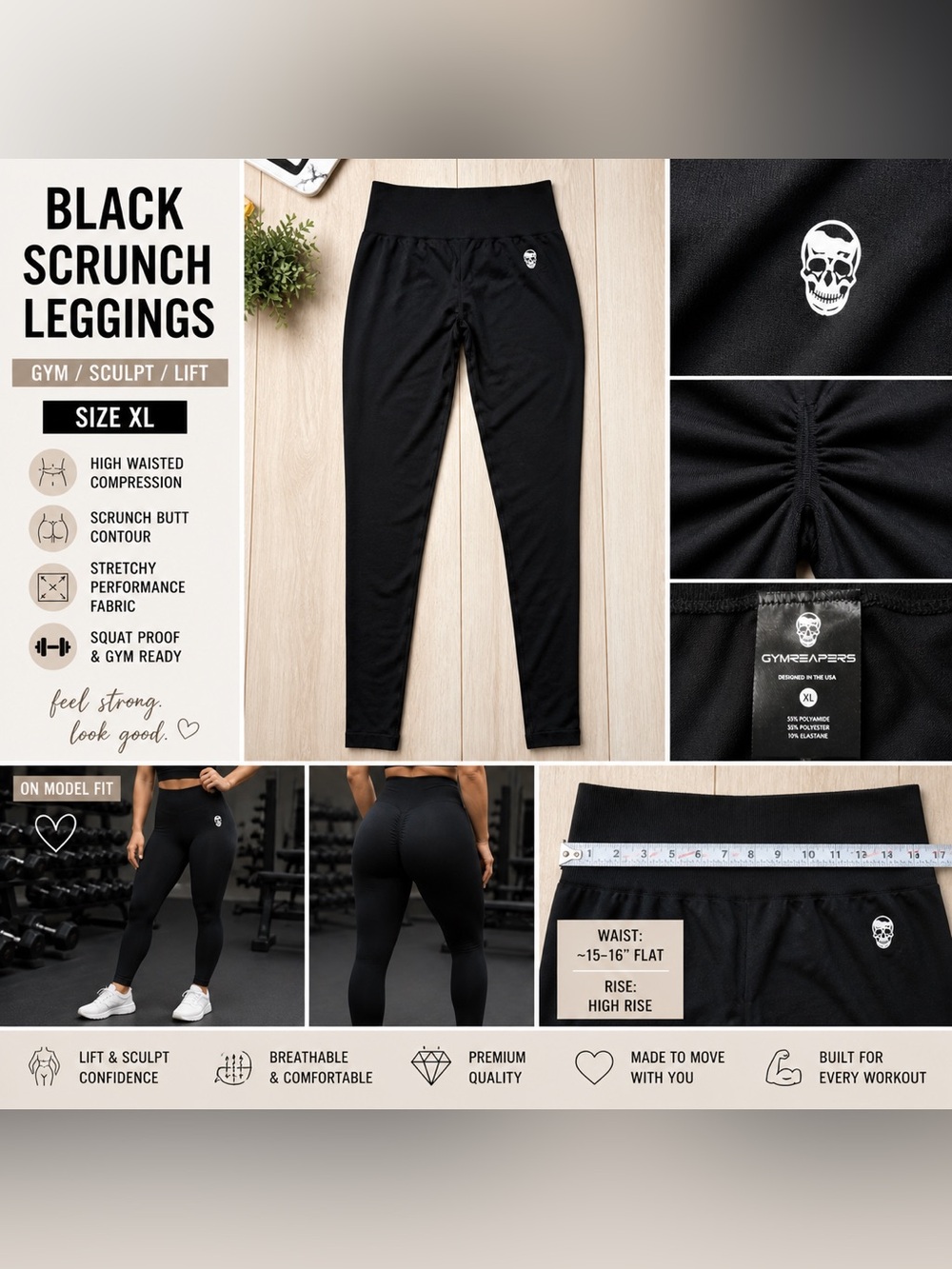 Gymreapers Black Scrunch Butt Leggings XL High Waisted Workout Athletic Sculpt